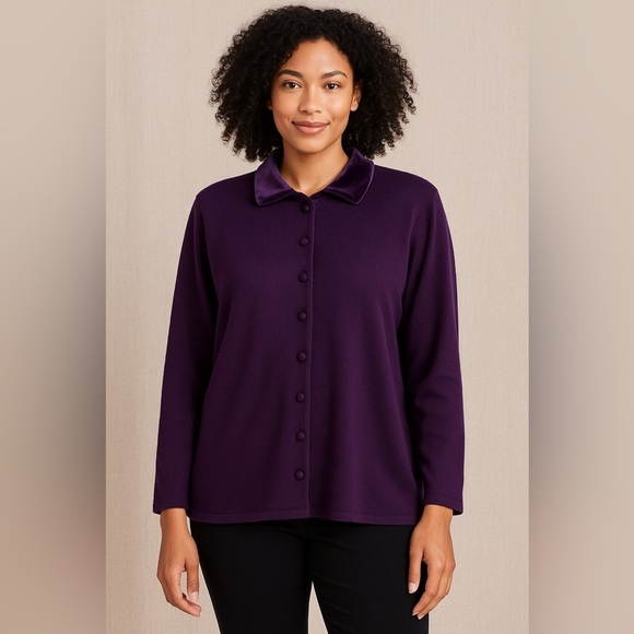 Fashion Bug Tops - Fashion Bug Purple Velvet Collar Button Front Sweater Size 22/24 Vintage Knit